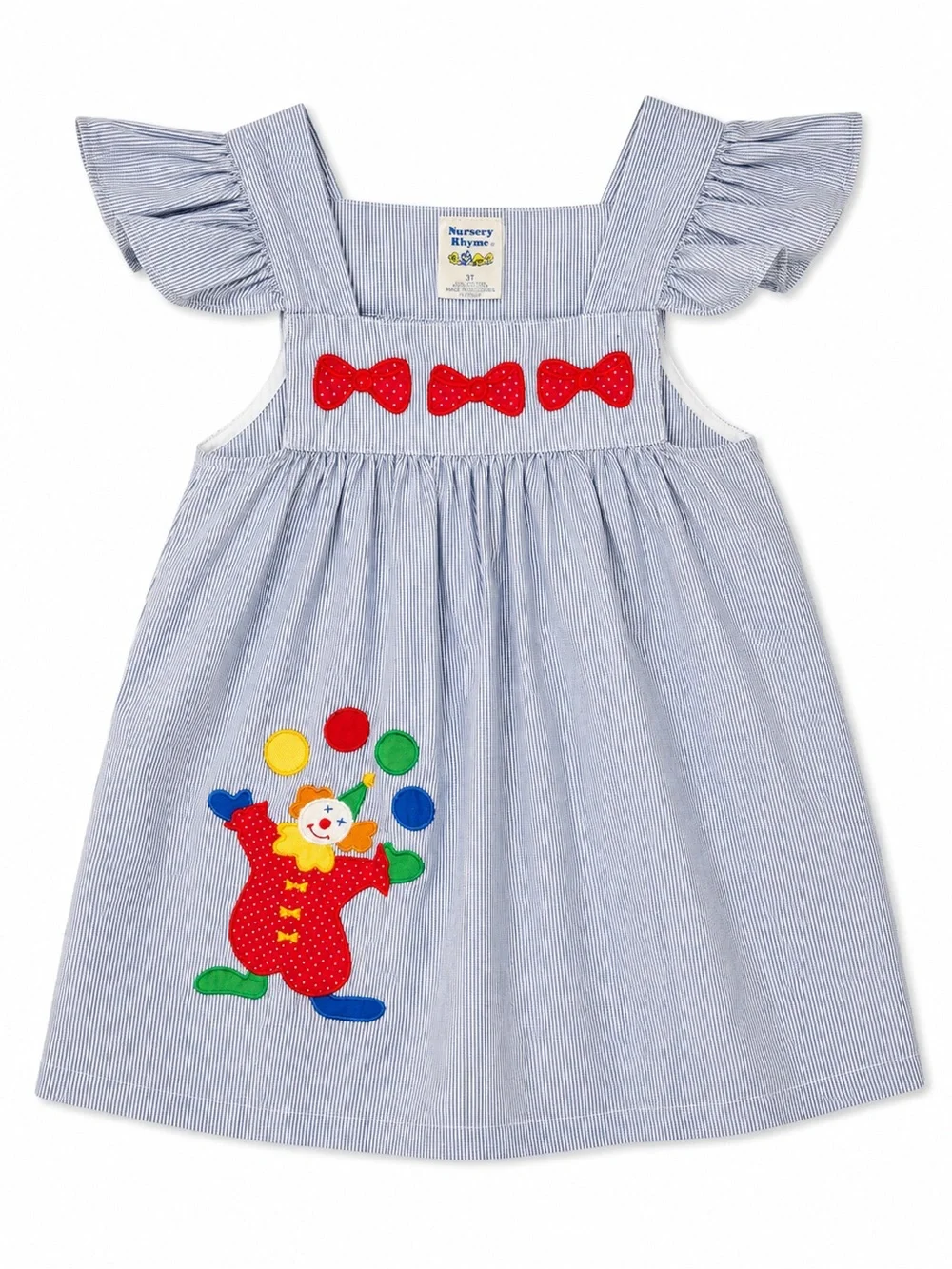 Nursery Rhyme Vintage 90s Pinstripe Carnival Clown Appliqué Sundress